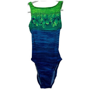 Beach Cabana Women's One-Piece‎ Green Blue Hawaiian Swimwear Size M